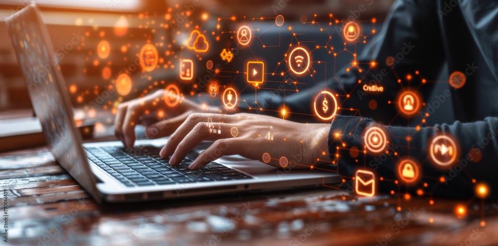 Aufkleber digital technology concept, a businessman using a laptop with a virtual screen showing icons of busi