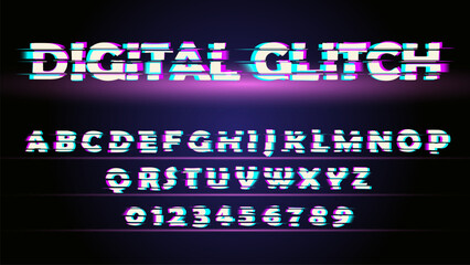 A vector font in the glitch style. Numeric Latin letters and numbers. The font is distorted.