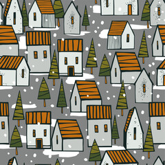 Winter houses on  grey  background.