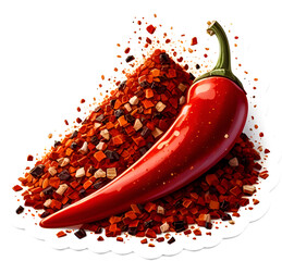 The image features a close-up of spicy chili red pepper flakes, chopped, milled dry paprika pile, isolated on white. - obrazy, fototapety, plakaty