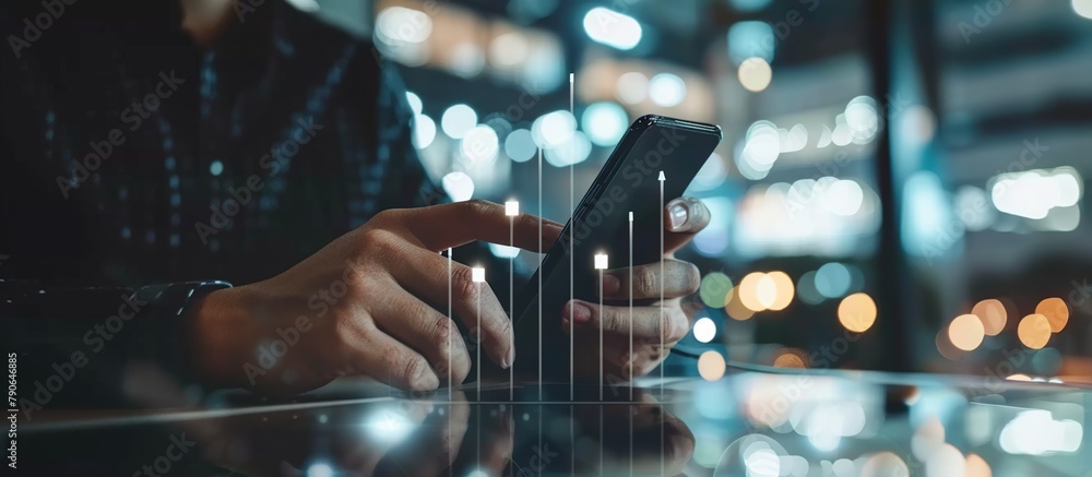 Poster Digital technology with a businessman holding a smartphone showing network connection data with growth graph customer.