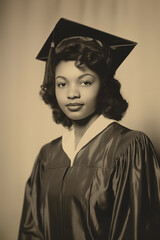 vintage portrait of black female student graduating wearing mortar board hat and robe, black and white film photo	
