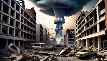 A dramatic post-apocalyptic scene depicting a city devastated by a nuclear explosion, with abandoned cars and crumbling buildings under a dark, ominous sky.