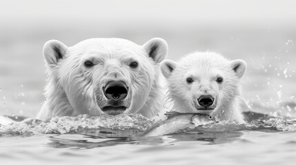 Polar bear and cub catch fish in the ocean, wild animals concept, white background, banner