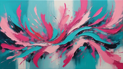 Vibrant abstract painting with lively pink and turquoise brushstrokes dancing across the canvas.