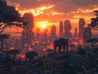 A futuristic African savannah, where wildlife and robots coexist, monitored by drones under a technicolor sky 