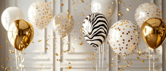 Celebrations background with glossy, helium balloons, golden confetti decoration. Zebra texture, stripes pattern. Holidays mockup. Birthday greeting card. Generative ai
