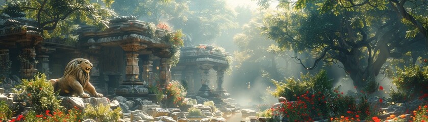 A secret garden where time stands still, hidden in the ruins of an ancient city, guarded by stone lions