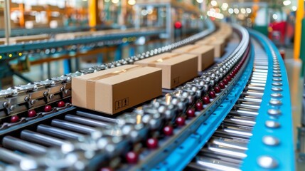 Closeup of multiple cardboard box packages seamlessly moving along a conveyor belt in a warehouse - 790647871
