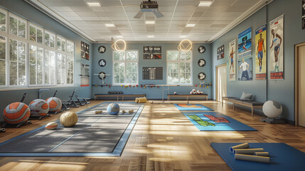 A physical education classroom with gym equipment, mats, and inspirational sports posters.