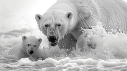 Polar bear and cub in ocean close up, wild animals concept, white background, banner