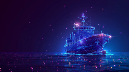 A Futuristic  Wire-frame style logistics cargo shipping in the ocean at night with global network import export network connection concept - obrazy, fototapety, plakaty