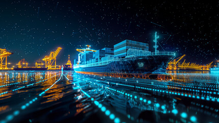 A Futuristic  Wire-frame style logistics cargo shipping in the ocean at night with global network import export network connection concept