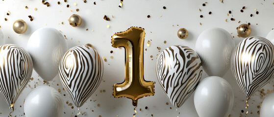 Celebrations background with glossy, helium balloons, number one, one, golden confetti decoration. Zebra texture, stripes pattern. Holidays mockup. Birthday greeting card. Generative ai