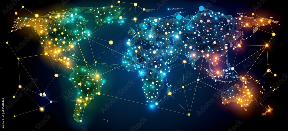 Poster digital world map on a circuit board background, depicting a global network and connectivity concept