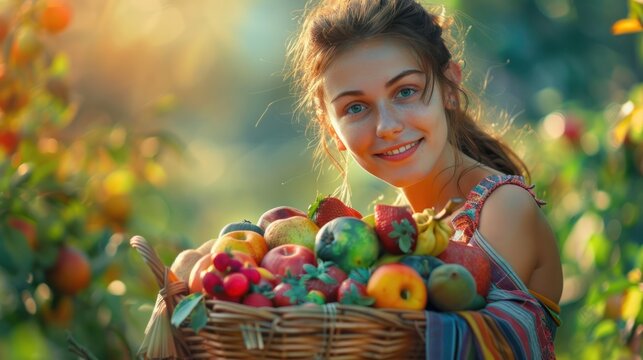 Beautiful young woman with a basket of colorful fruits, her joyous smile mirroring the abundance of nature's bounty