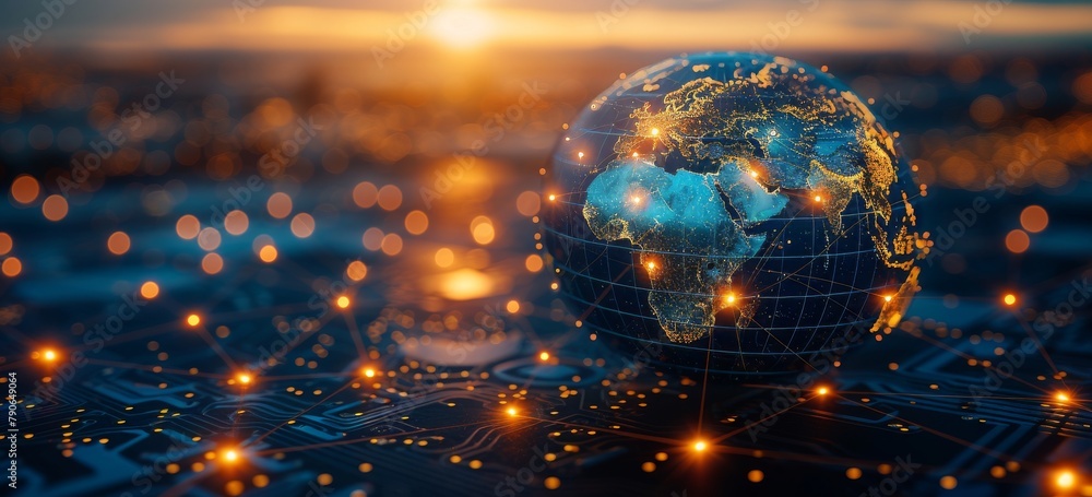 Aufkleber digital world map on a circuit board background, depicting a global network and connectivity concept