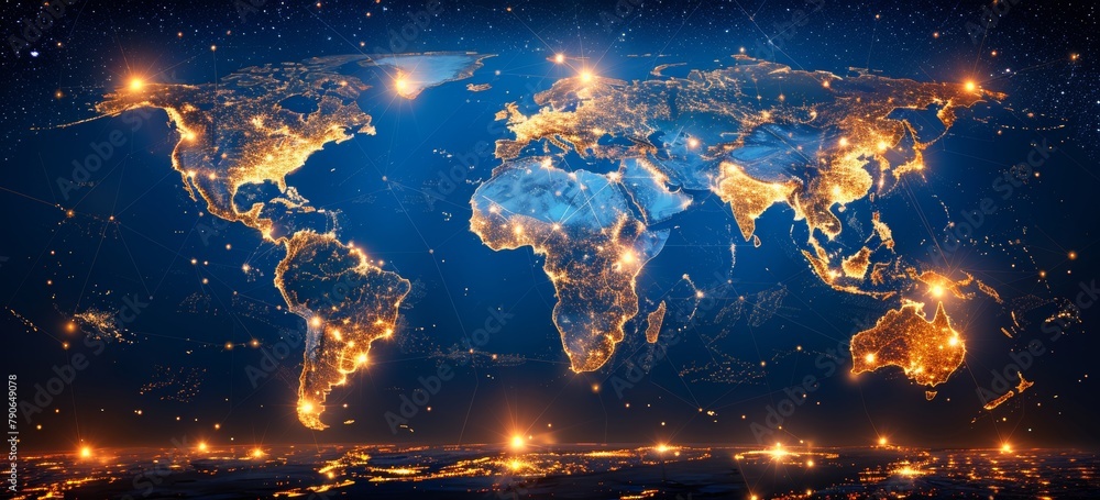 Poster digital world map on a circuit board background, depicting a global network and connectivity concept