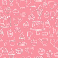 Teapots , cups and cakes. Vector   pattern.