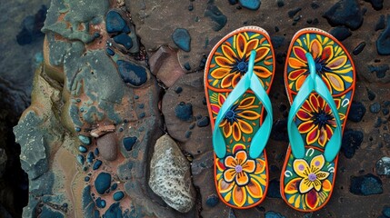 Colorful Balinese sandals, perfect for beach days, embodying relaxation and carefree vibes
