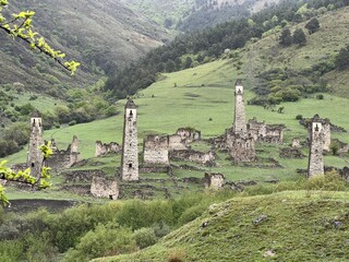 View of the medieval Targim tower complex in the Caucasus mountains surrounded by greenery. The Caucasus Mountains on a cloudy day in Ingushetia. Russia