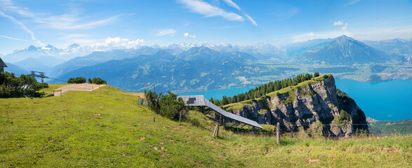 Niederhorn summit with helicopter landing pad and paraglider launch pad, Bernese Alps, Lake Thun - 790649413