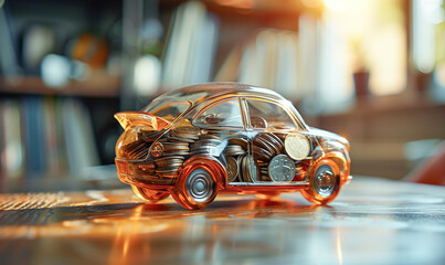 Glass piggy bank in the form of a car with different coins inside. Concept for renting, buying, leasing or insuring a car - obrazy, fototapety, plakaty
