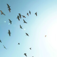 Fototapeta premium Capture a majestic low-angle view of a flock of birds flying in perfect harmony, showcasing the essence of cooperation in a realistic watercolor medium