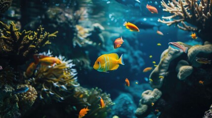 Obraz na płótnie Canvas coral reef and fish, tropical sea underwater fishes on coral reef. aquarium, oceanarium colorful marine panorama landscape, nature snorkel diving
