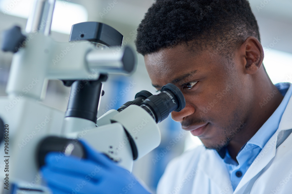 Poster black man, scientist and microscope for research, testing and study vaccine results or solution. len