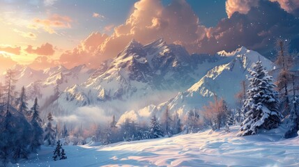 Stunning mountains picturesque snow landscapes and beautiful skies and trees
