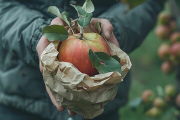 farmer's hand plucks a ripe Apple from a tree. first-person shooting. growing organic fruit. Beautiful simple AI generated image in 4K, unique.