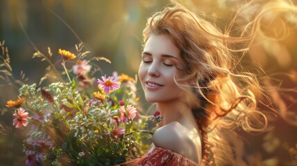 Naklejka premium Portrait of a radiant woman in a floral dress, surrounded by blooming flowers, symbolizing natural beauty and grace
