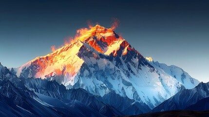 Fototapeta premium The snow capped Himalayas at sunrise, with golden light illuminating one peak. The mountain range should be depicted against a dark blue sky