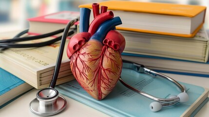 Heart model on a pile of medical textbooks, stethoscope beside - 790650442