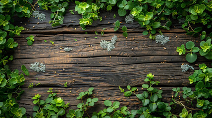 Lush green foliage spreads across the rich, textured surface of aged timber, offering a serene intersection of natural beauty and the resilience of wood