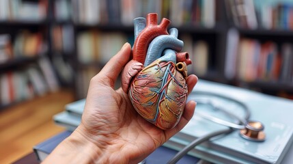 Heart model on a pile of medical textbooks, stethoscope beside