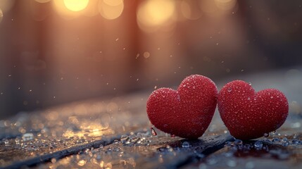 Two red hearts on a wooden table with blurred lights in the background