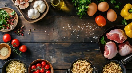 Top view of raw ingredients for preparing udon noodles with chicken on a dark wooden table - obrazy, fototapety, plakaty