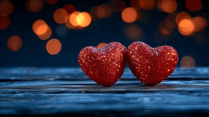 Two red hearts on a wooden table with blurred lights in the background - 790650673