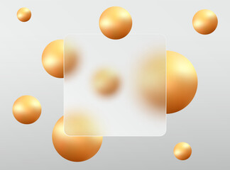 Glass morphism landing page with square frame and blurry floating golden spheres on light background.