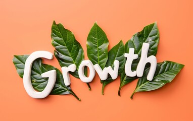 Growth Written with Leafy Embellishments on a Plain color Background - Denoting Eco Growth, Nature-Inspired Marketing, Green Technology - Renewable Energy, Advertising