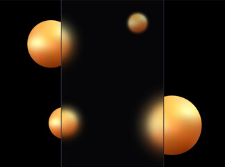 Glass morphism effect. Black background with a transparent dark partition and golden spheres.