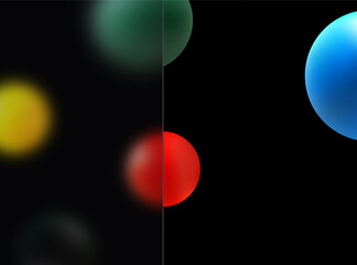 Glass morphism background. Transparent glass partition with multi-colored geometric spheres on a black background