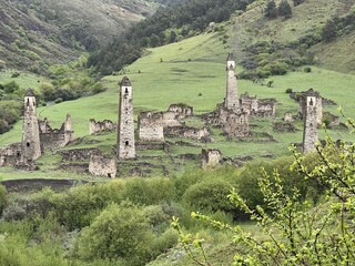 View of the medieval Targim tower complex in the Caucasus mountains surrounded by greenery. The...