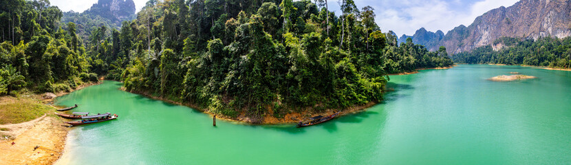 Aerial view of Khao Sok national park, in Cheow lan lake, Surat Thani, Thailand