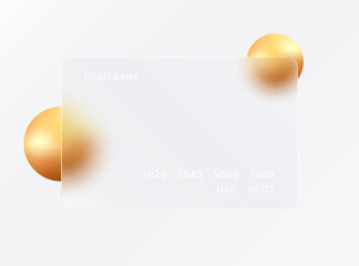 Glass morphism concept with 3D golden spheres. Frosted glass effect. Transparent bank card.