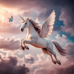 Obraz na płótnie Canvas unicorn flying in the sky with butterfly , ai generated