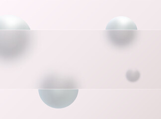 Glass morphism background. Glass banner made of clear frosted glass with silver spheres on a light background.