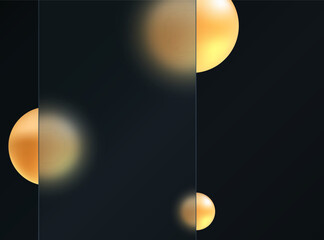 Banner made of transparent frosted glass and golden gradient spheres on a black background.